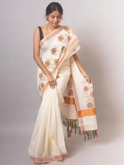 Kerala Kasavu Cotton Saree with Madhubani Inspired Floral Butta Print